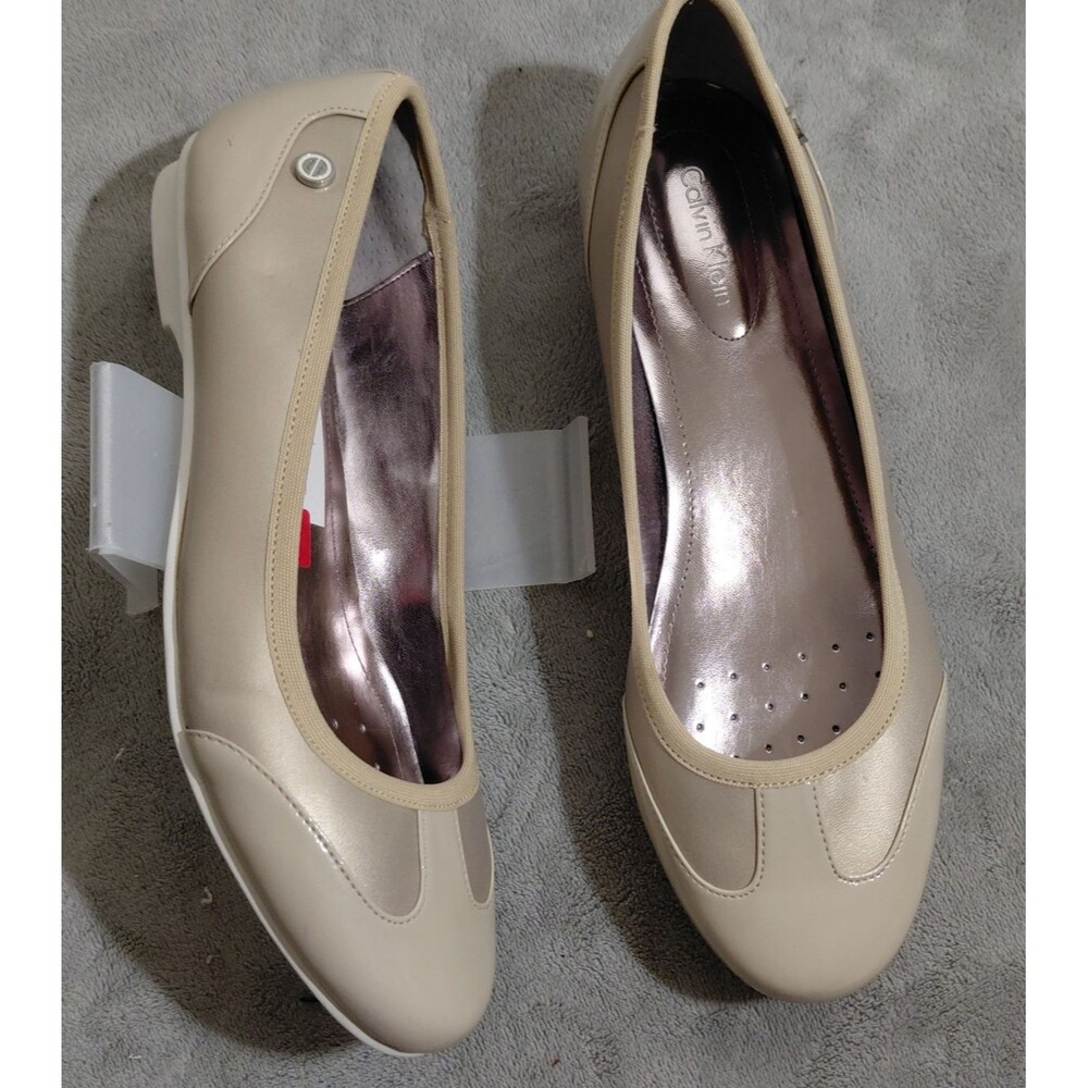 Calvin Klein Ballet Flat Womens 8.5 Beige Leather Two Tone Round Toe Modern